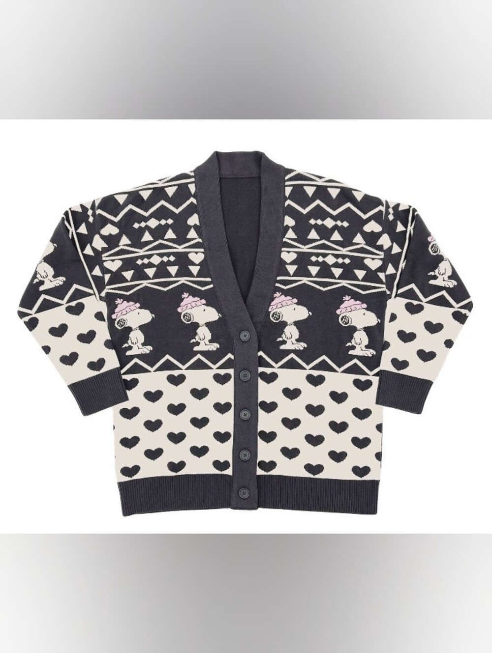 Snoopy Heart Pattern Button-Front Cardigan Sweater